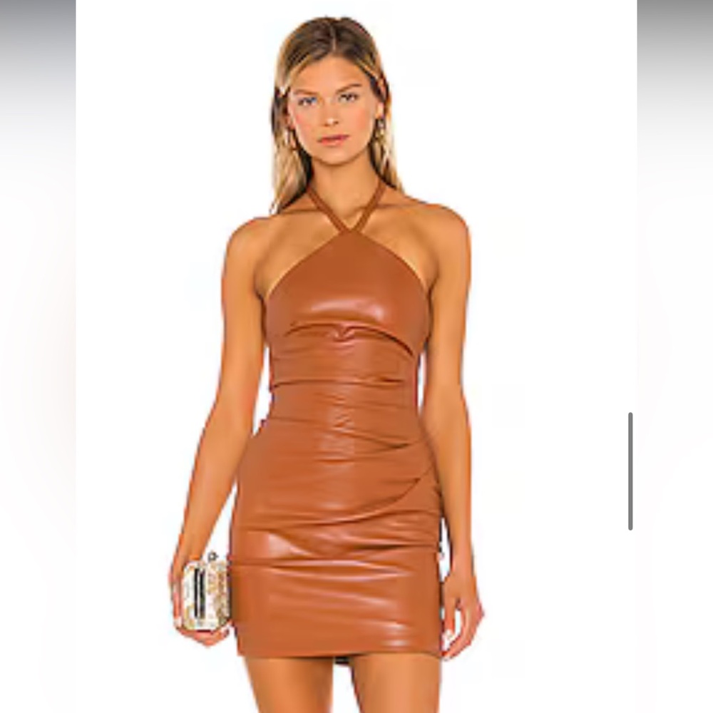 Nookie Cognac Brown Faux Leather Halter Mini Dress
